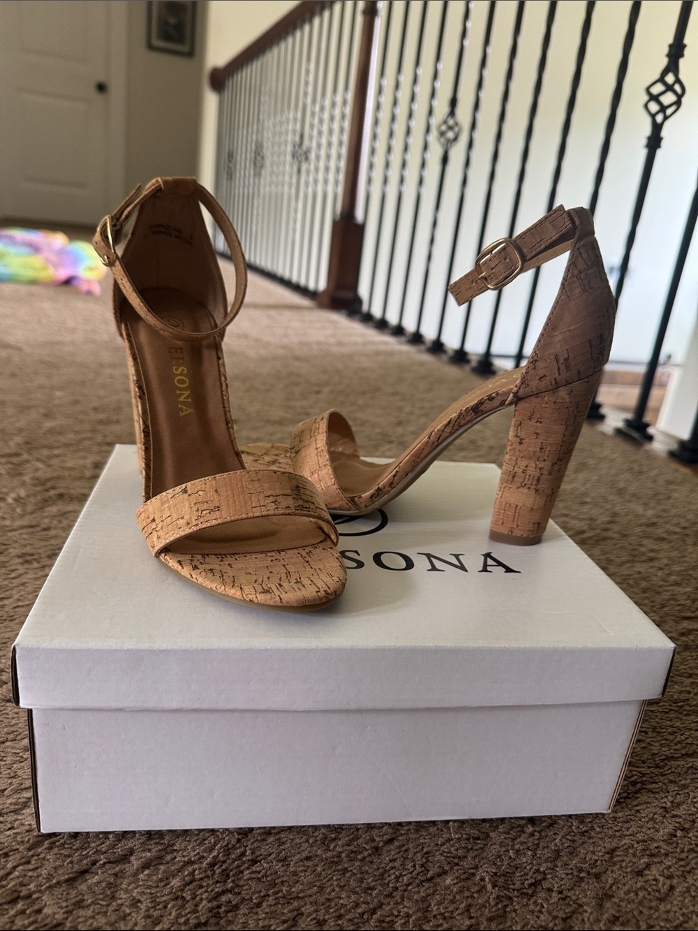 Versona Cork-Look Ankle Strap Block Heels - Brown